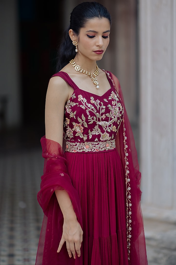Wine Layered Party Wear Anarkali With Dupatta by Paulmi & Harsh at Pernia's Pop Up Shop