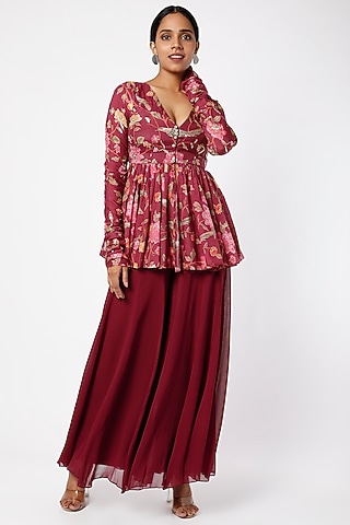 Wine Georgette Palazzo Pant Set by Paulmi & Harsh