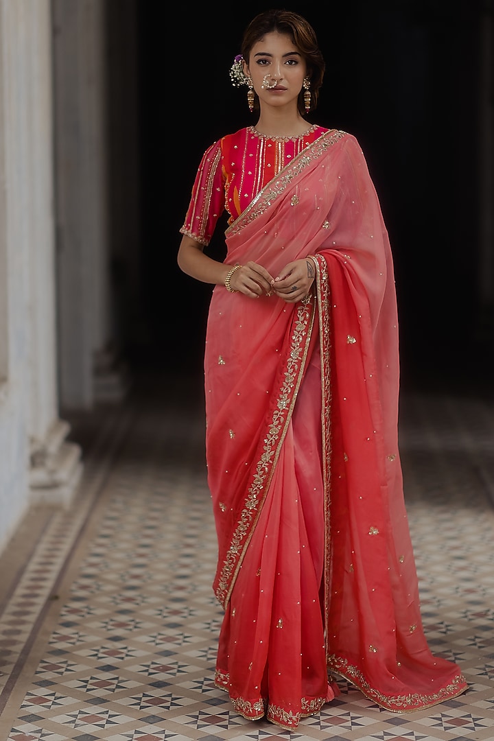 Fuchsia Ombre Organza Saree Set by Paulmi & Harsh