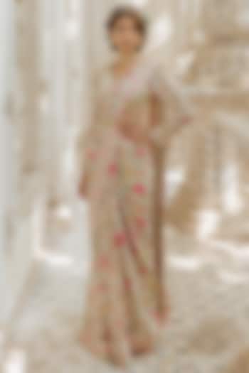 Off-White Printed Pre-Stitched Draped Saree Set by Paulmi & Harsh