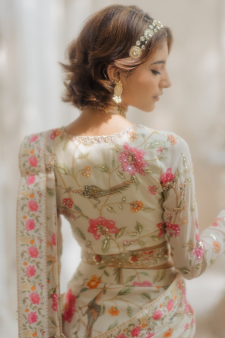 Off-White Georgette Printed Pre-Stitched Draped Wedding Saree Set by Paulmi & Harsh at Pernia's Pop Up Shop