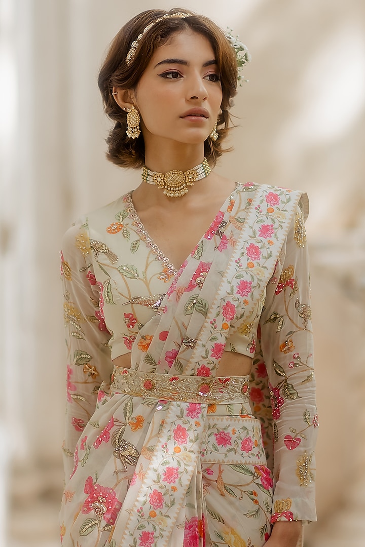 Off-White Georgette Printed Pre-Stitched Draped Wedding Saree Set by Paulmi & Harsh at Pernia's Pop Up Shop