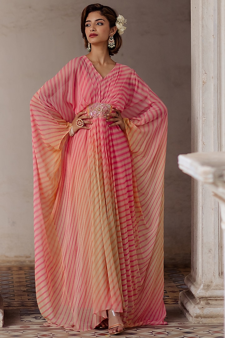 Fuchsia & Yellow Ombre Printed Kaftan by Paulmi & Harsh at Pernia's Pop Up Shop