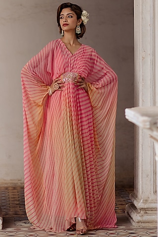 Fuchsia & Yellow Ombre Printed Kaftan by Paulmi & Harsh
