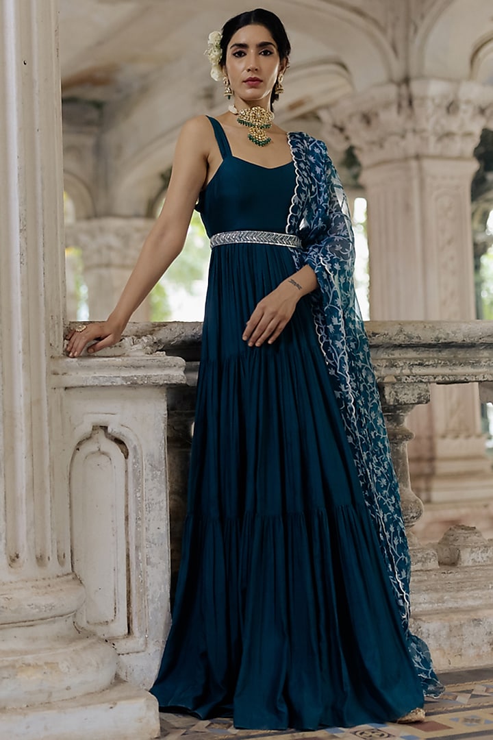 Teal Blue Crepe Layered Anarkali With Dupatta by Paulmi & Harsh