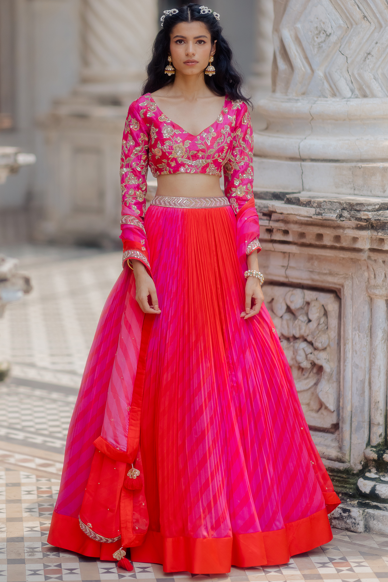 Hot Pink & Red Chiffon Leheriya Printed Wedding Lehenga Set by Paulmi & Harsh at Pernia's Pop Up Shop