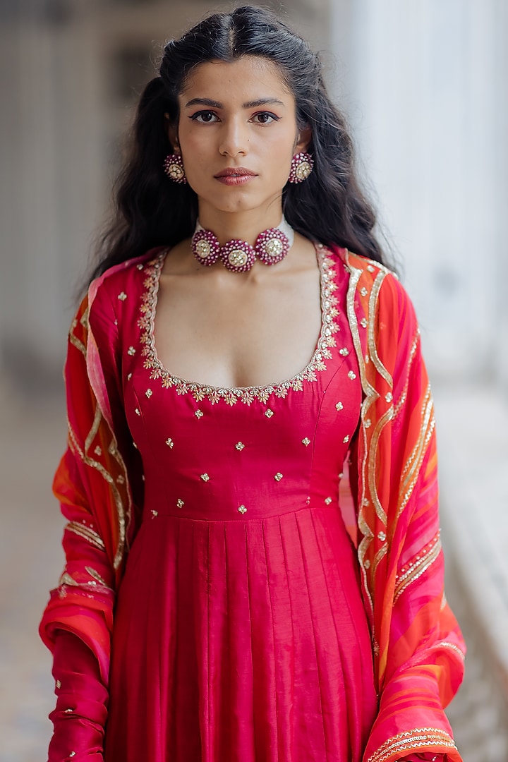 Hot Pink Hand Embroidered Kalidar Party Wear Anarkali Set by Paulmi & Harsh at Pernia's Pop Up Shop