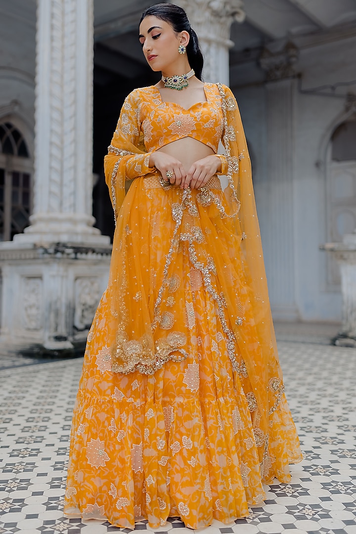 Kesari Yellow Organza Embroidered Wedding Lehenga Set by Paulmi & Harsh at Pernia's Pop Up Shop