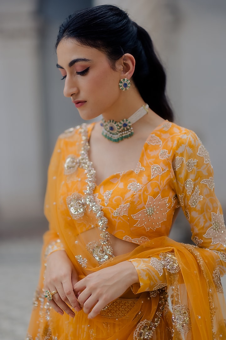 Kesari Yellow Organza Embroidered Wedding Lehenga Set by Paulmi & Harsh at Pernia's Pop Up Shop