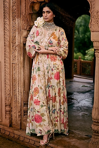 Ivory Crepe Printed & Embroidered Kaftan Set by Paulmi & Harsh