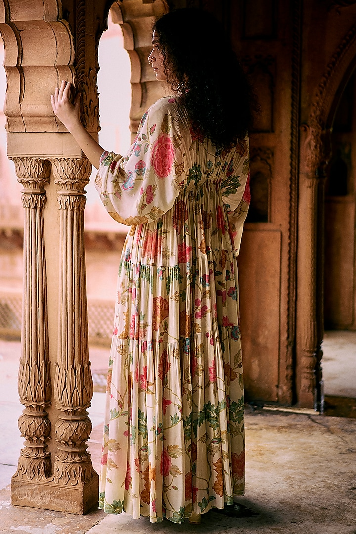 Ivory Crepe Printed & Embroidered Kaftan Set by Paulmi & Harsh at Pernia's Pop Up Shop