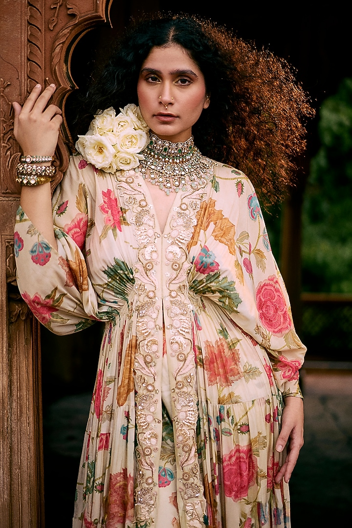 Ivory Crepe Printed & Embroidered Kaftan Set by Paulmi & Harsh at Pernia's Pop Up Shop