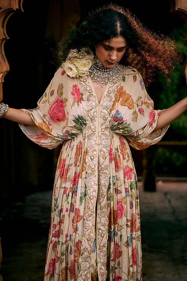 Ivory Crepe Printed & Embroidered Kaftan Set by Paulmi & Harsh at Pernia's Pop Up Shop
