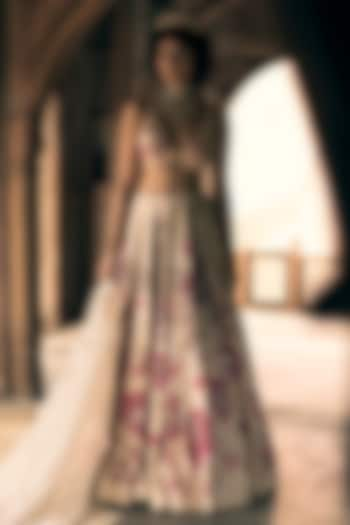 Ivory & Pink Chiniya Silk Printed & Embroidered Lehenga Set by Paulmi & Harsh