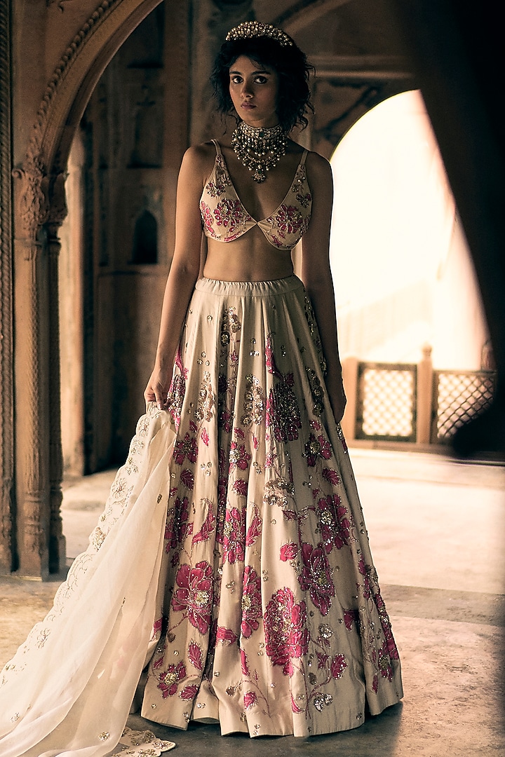 Ivory & Pink Chiniya Silk Printed & Embroidered Lehenga Set by Paulmi & Harsh