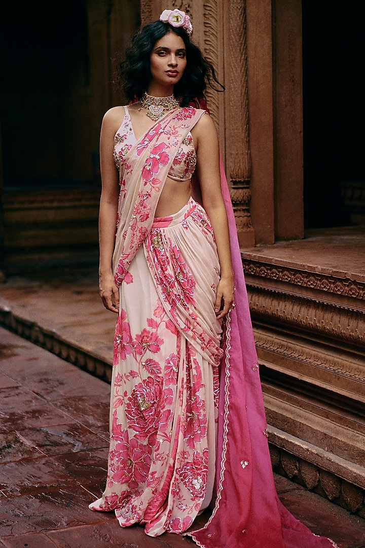 Ivory Georgette Printed & Embroidered Pre-Stitched Saree Set by Paulmi & Harsh at Pernia's Pop Up Shop