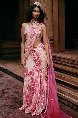 Ivory Georgette Printed & Embroidered Pre-Stitched Saree Set by Paulmi & Harsh