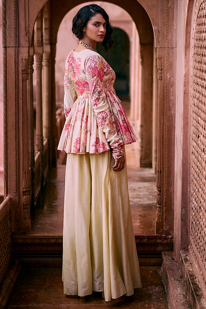 Ivory Cotton Silk Palazzo Pant Set by Paulmi & Harsh at Pernia's Pop Up Shop