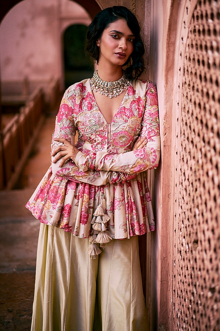 Ivory Cotton Silk Palazzo Pant Set by Paulmi & Harsh at Pernia's Pop Up Shop