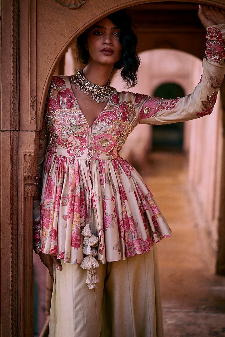 Ivory Cotton Silk Palazzo Pant Set by Paulmi & Harsh at Pernia's Pop Up Shop