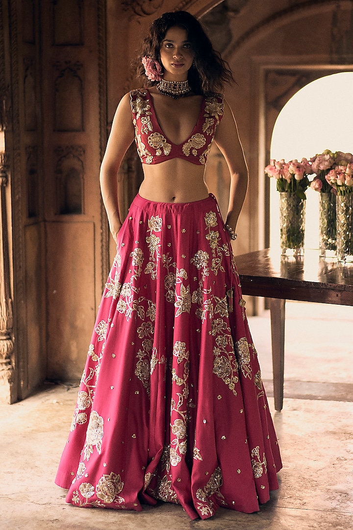 Rani Pink Chiniya Silk Zardosi Hand Embroidered Bridal Lehenga Set by Paulmi & Harsh at Pernia's Pop Up Shop