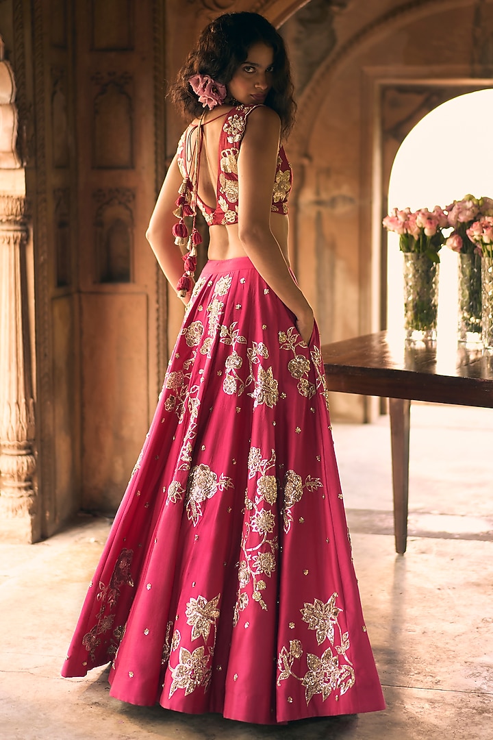 Rani Pink Chiniya Silk Zardosi Hand Embroidered Bridal Lehenga Set by Paulmi & Harsh at Pernia's Pop Up Shop
