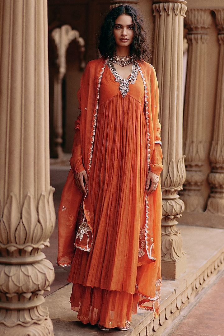 Rust Orange Malai Chanderi Zardosi Embroidered Anarkali Set by Paulmi & Harsh at Pernia's Pop Up Shop