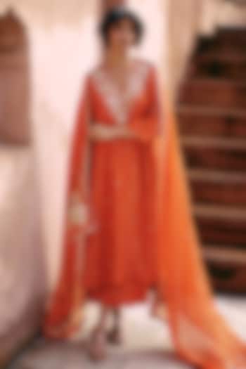 Rust Orange Modal Silk Motif Hand Embroidered Kurta Set by Paulmi & Harsh at Pernia's Pop Up Shop