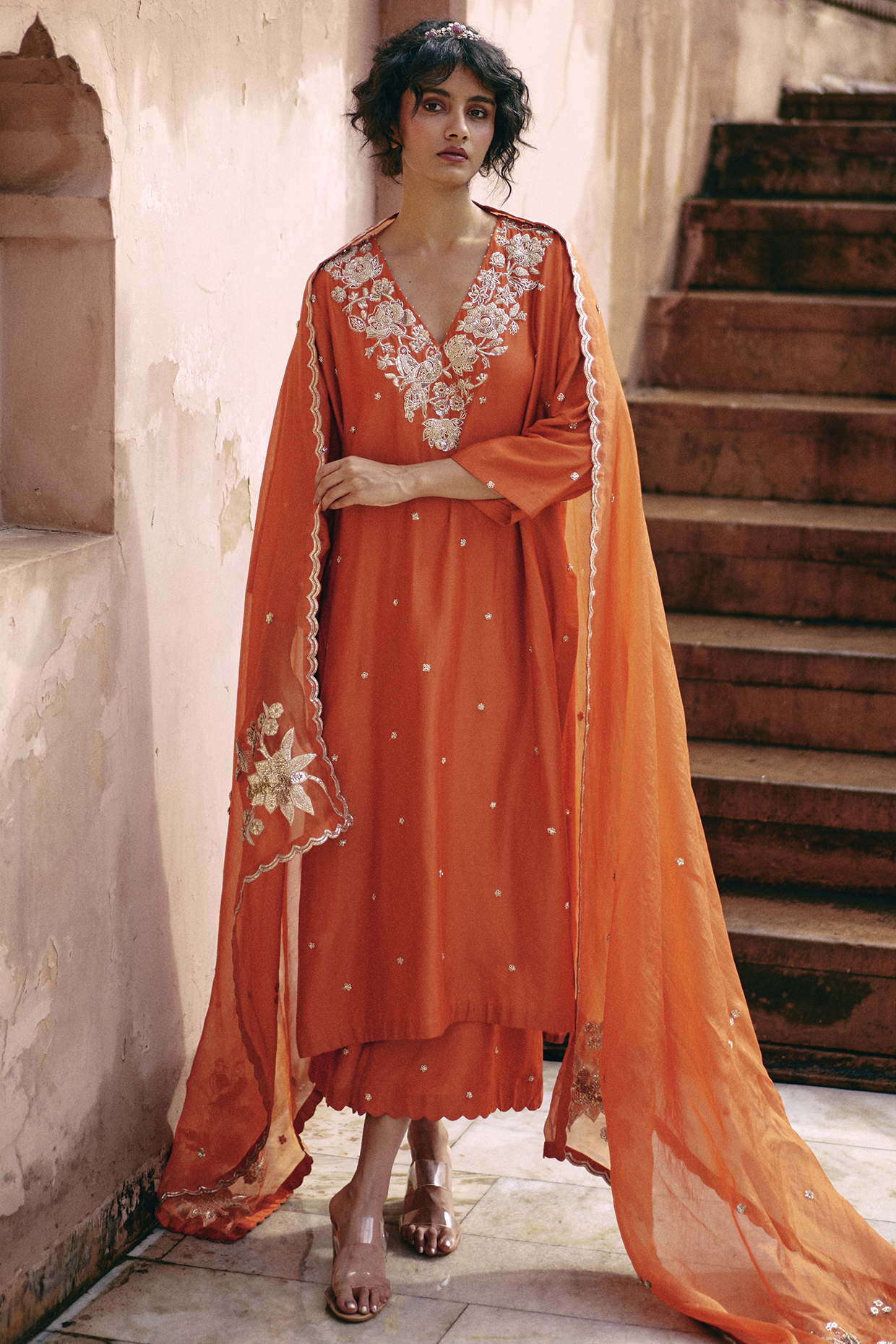 Rust Orange Modal Silk Motif Hand Embroidered Kurta Set by Paulmi & Harsh at Pernia's Pop Up Shop