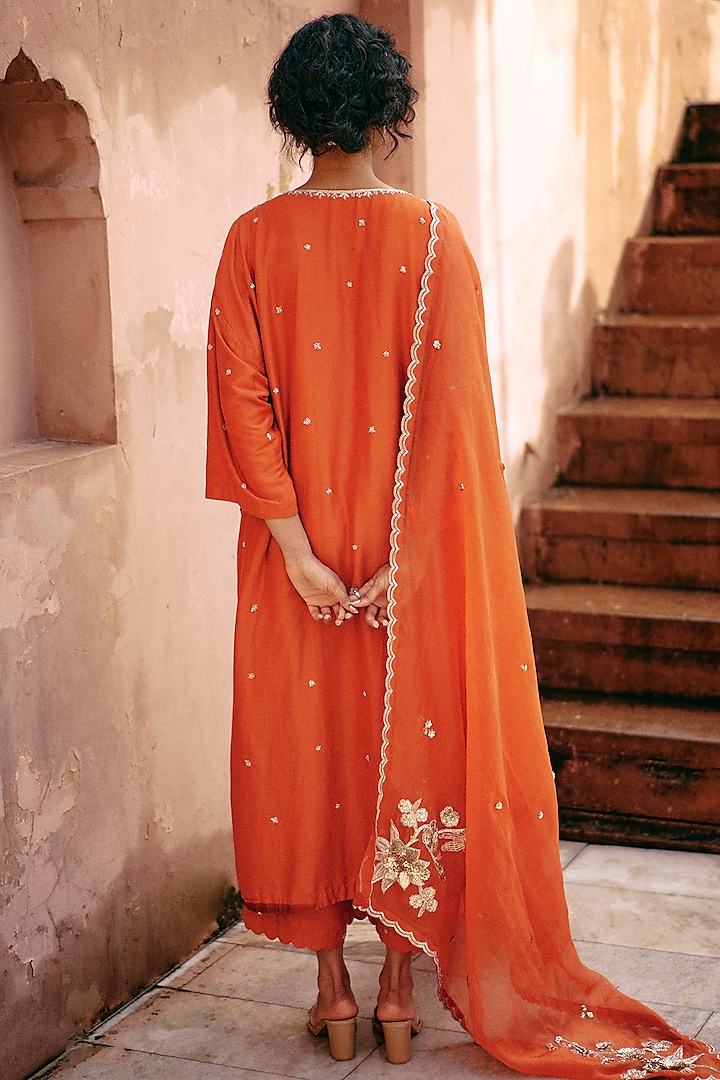 Rust Orange Modal Silk Motif Hand Embroidered Kurta Set by Paulmi & Harsh at Pernia's Pop Up Shop