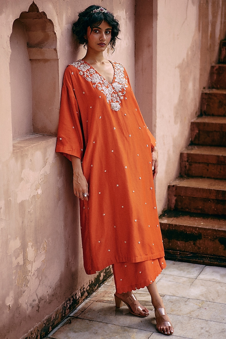 Rust Orange Modal Silk Motif Hand Embroidered Kurta Set by Paulmi & Harsh at Pernia's Pop Up Shop
