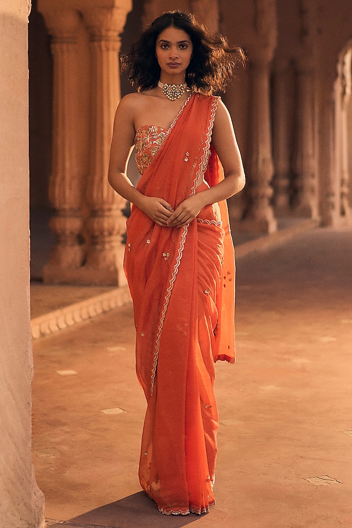 Orange Pure Banarasi Organza Boota Hand Embroidered Pre-Draped Saree Set by Paulmi & Harsh at Pernia's Pop Up Shop