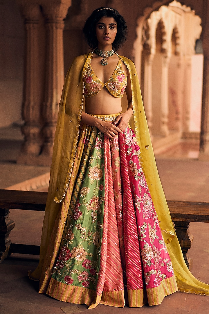 Multi-Colored Chiniya Silk Leheriya Printed & Resham Embroidered Wedding Lehenga Set by Paulmi & Harsh at Pernia's Pop Up Shop