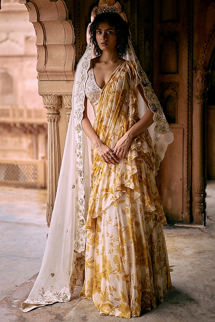 Ivory & Yellow Banglori Chiffon Floral Printed Pre-Draped Ruffled Saree Set by Paulmi & Harsh at Pernia's Pop Up Shop