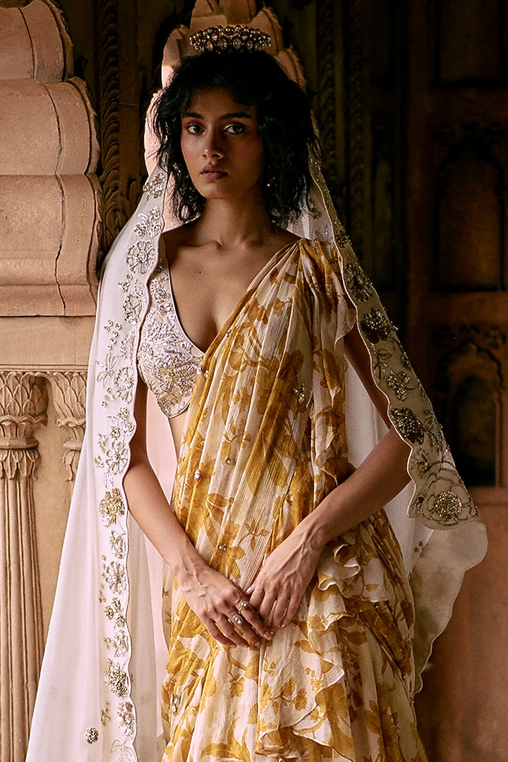 Ivory & Yellow Banglori Chiffon Floral Printed Pre-Draped Ruffled Wedding Saree Set by Paulmi & Harsh at Pernia's Pop Up Shop