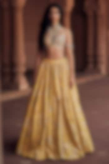 Tuscany Yellow Jacquard Pearl Hand Embroidered Wedding Lehenga Set by Paulmi & Harsh at Pernia's Pop Up Shop