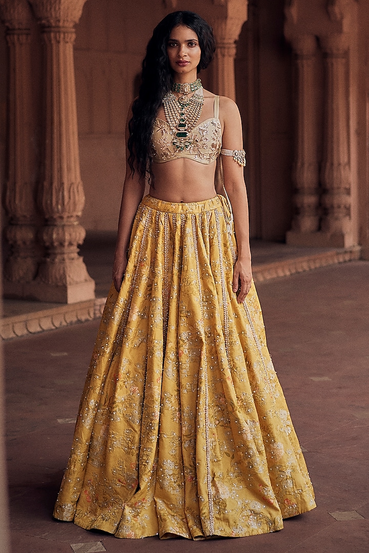 Tuscany Yellow Jacquard Pearl Hand Embroidered Wedding Lehenga Set by Paulmi & Harsh at Pernia's Pop Up Shop