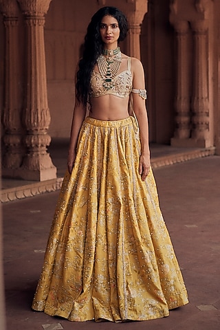Tuscany Yellow Jacquard Pearl Hand Embroidered Lehenga Set by Paulmi & Harsh