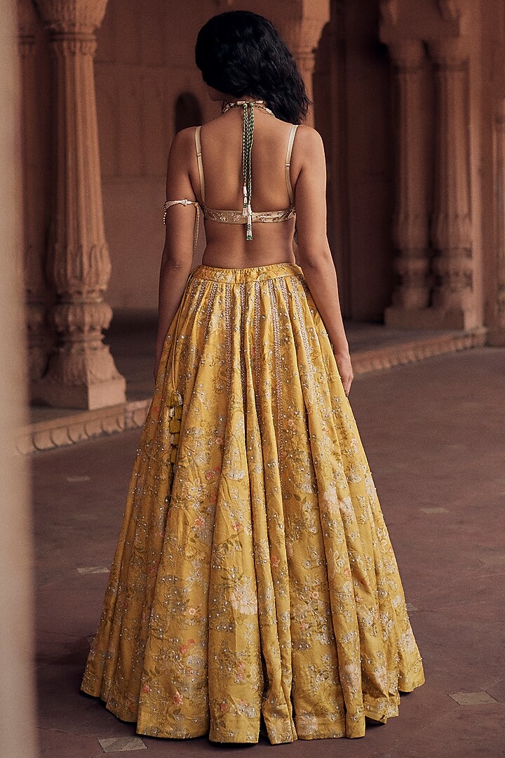 Tuscany Yellow Jacquard Pearl Hand Embroidered Wedding Lehenga Set by Paulmi & Harsh at Pernia's Pop Up Shop
