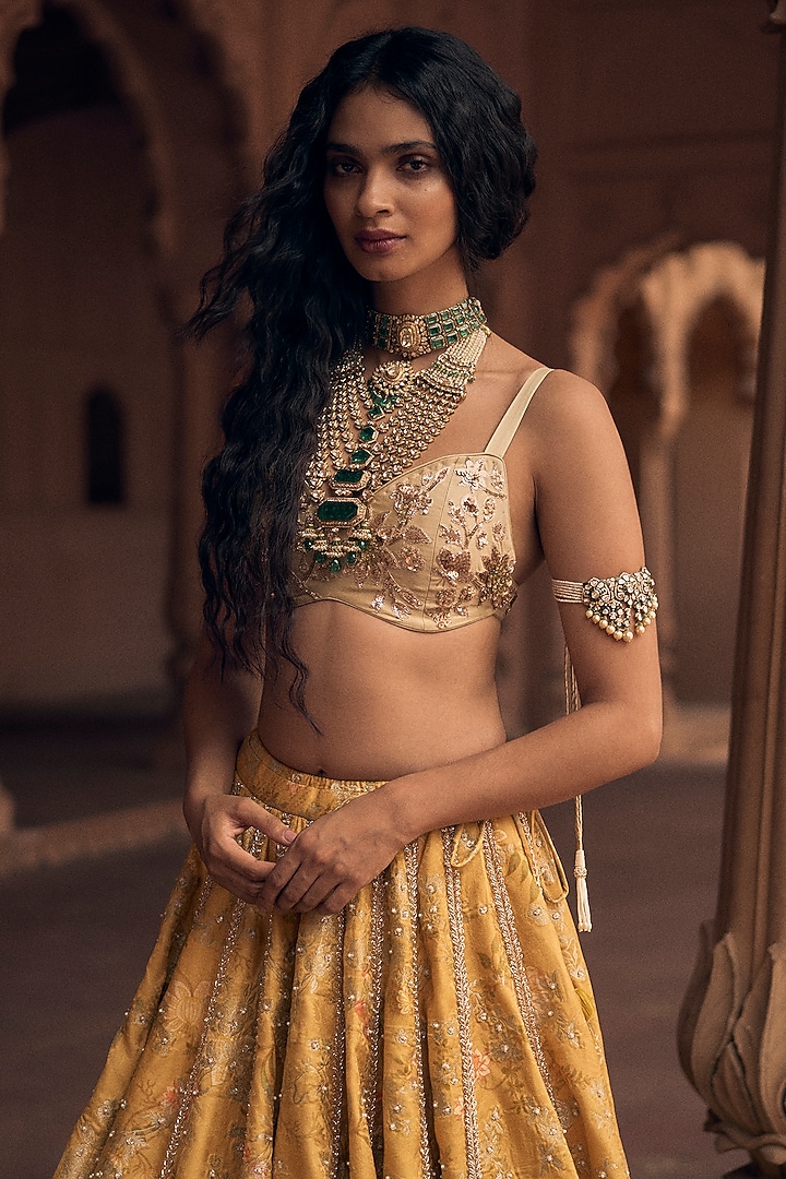 Tuscany Yellow Jacquard Pearl Hand Embroidered Wedding Lehenga Set by Paulmi & Harsh at Pernia's Pop Up Shop