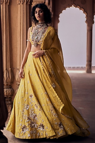 Tuscany Yellow Chiniya Silk Aari & Zardosi Embroidered Lehenga Set by Paulmi & Harsh
