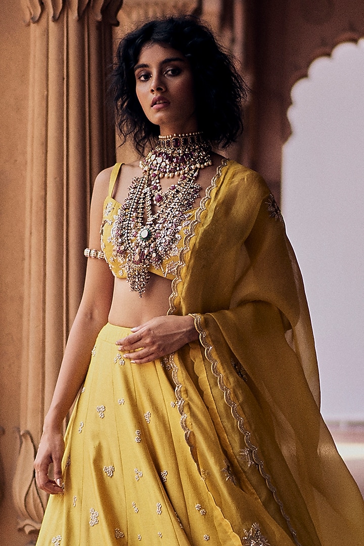 Tuscany Yellow Chiniya Silk Aari & Zardosi Embroidered Wedding Lehenga Set by Paulmi & Harsh at Pernia's Pop Up Shop