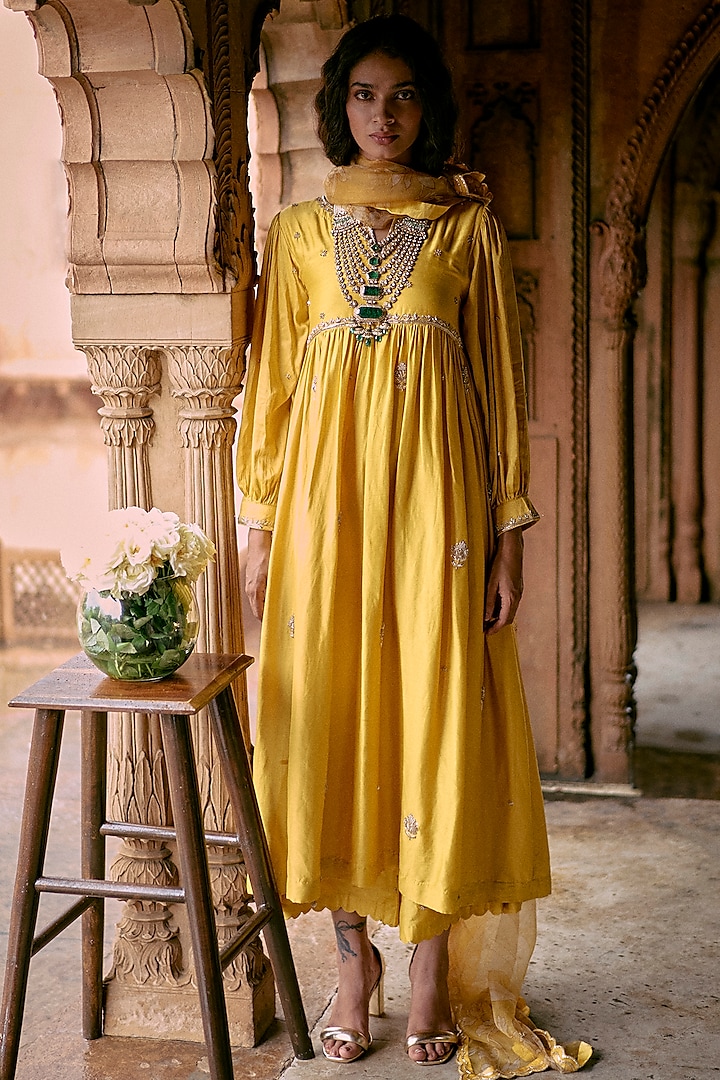 Tuscany Yellow Modal Silk Zardosi Hand Embroidered Anarkali Set by Paulmi & Harsh at Pernia's Pop Up Shop