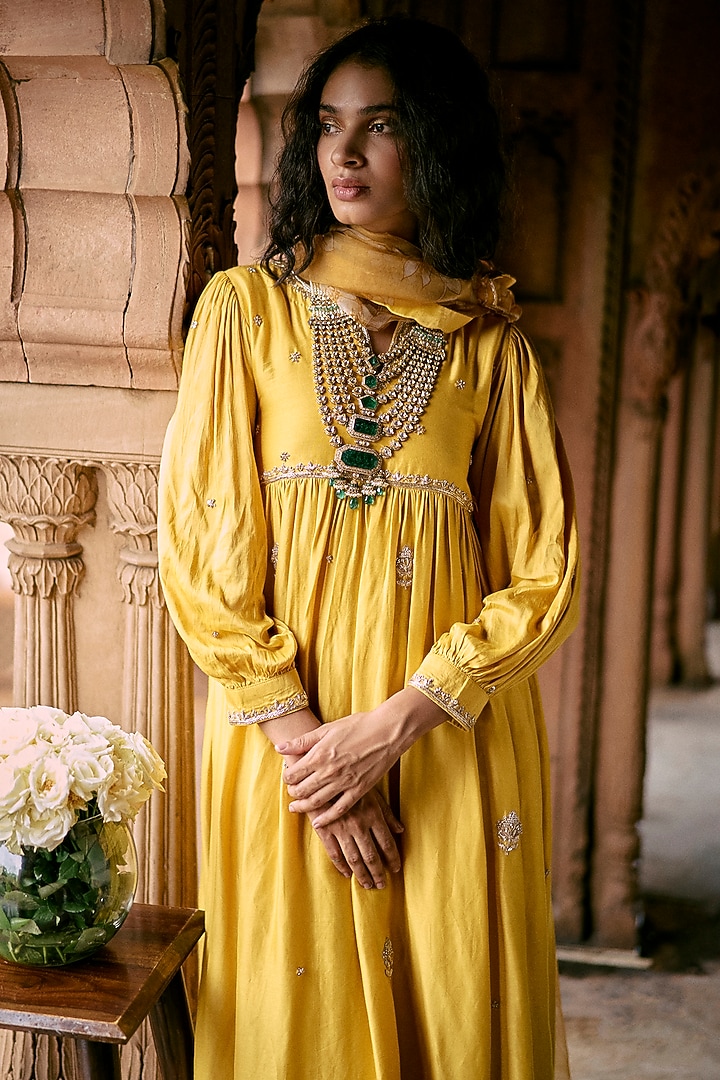 Tuscany Yellow Modal Silk Zardosi Hand Embroidered Party Wear Anarkali Set by Paulmi & Harsh at Pernia's Pop Up Shop
