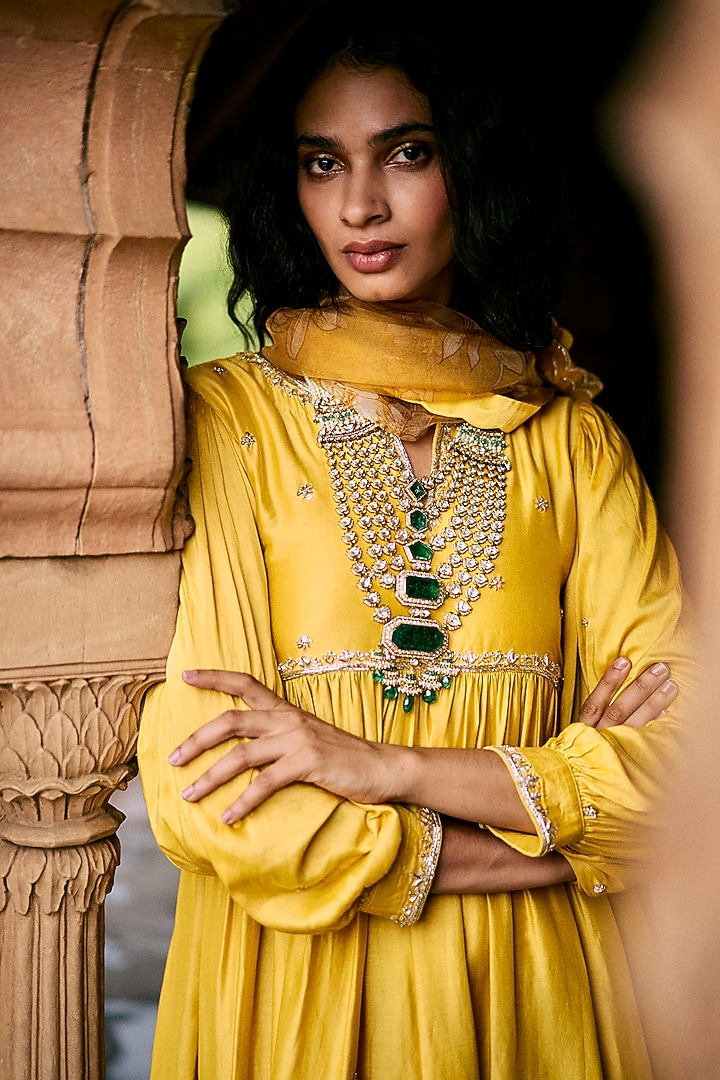Tuscany Yellow Modal Silk Zardosi Hand Embroidered Party Wear Anarkali Set by Paulmi & Harsh at Pernia's Pop Up Shop