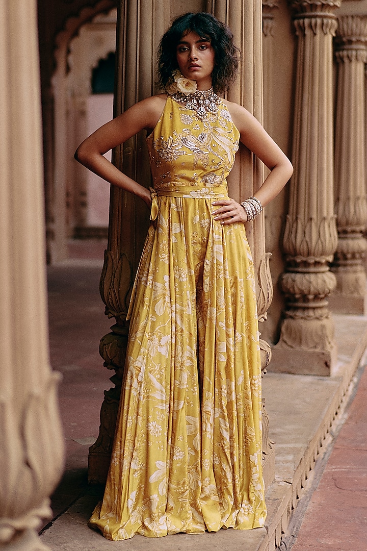 Tuscany Yellow Crepe Printed & Embroidered Jumpsuit by Paulmi & Harsh