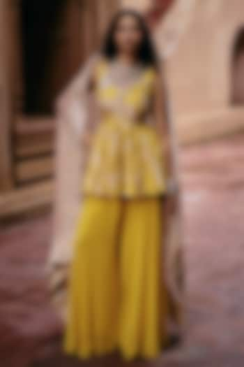 Yellow Georgette Palazzo Pant Set by Paulmi & Harsh