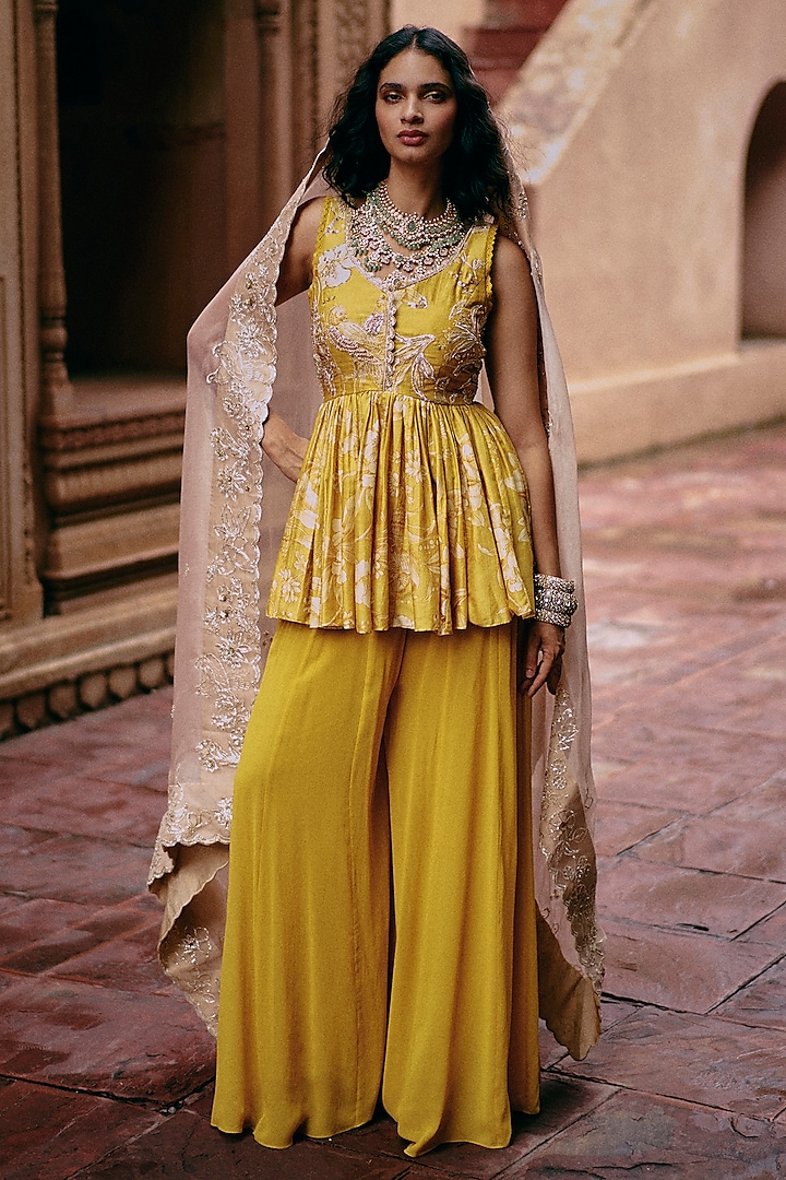 Yellow Georgette Palazzo Pant Set by Paulmi & Harsh