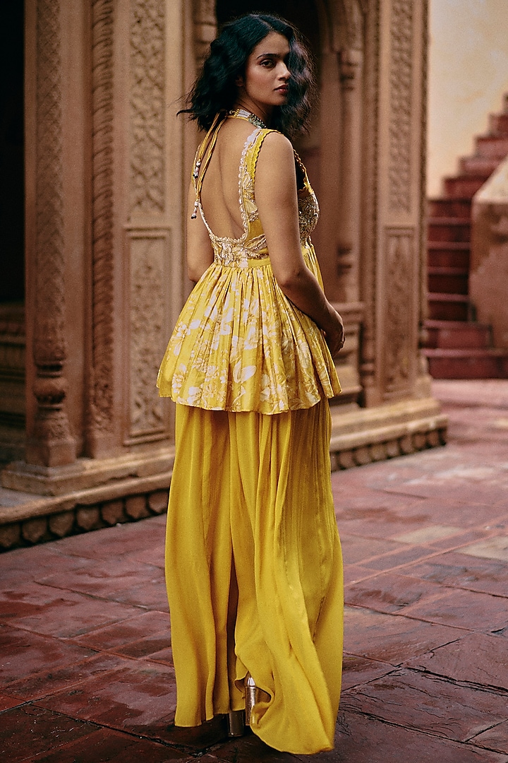 Yellow Georgette Palazzo Pant Set by Paulmi & Harsh at Pernia's Pop Up Shop
