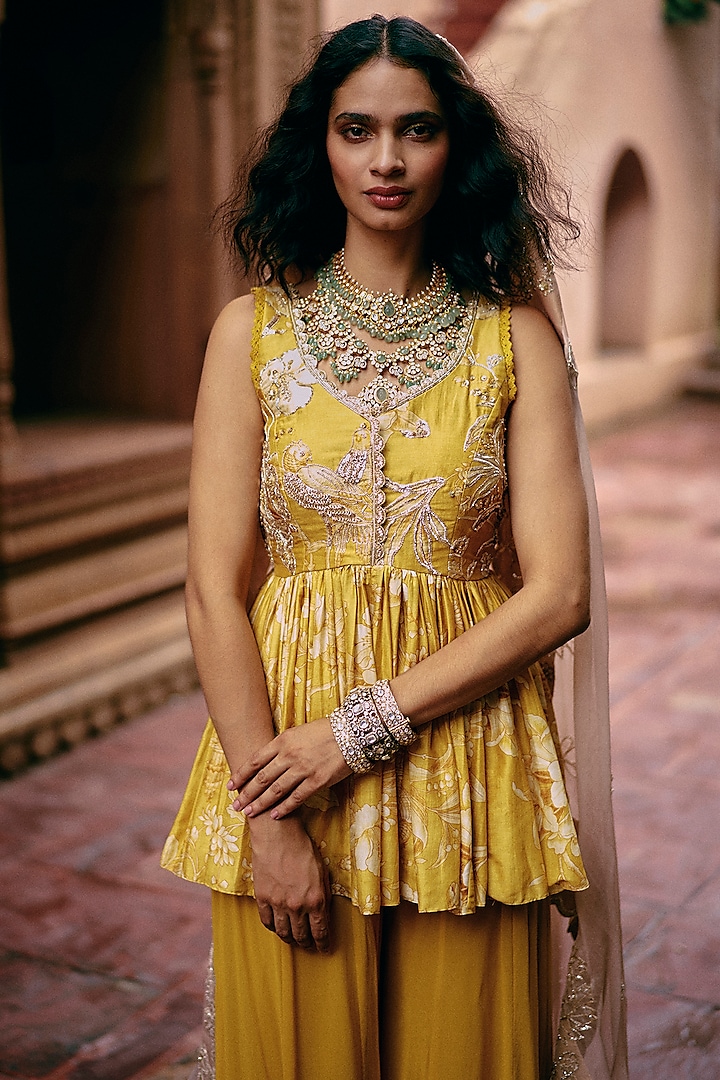Yellow Georgette Palazzo Pant Set by Paulmi & Harsh at Pernia's Pop Up Shop